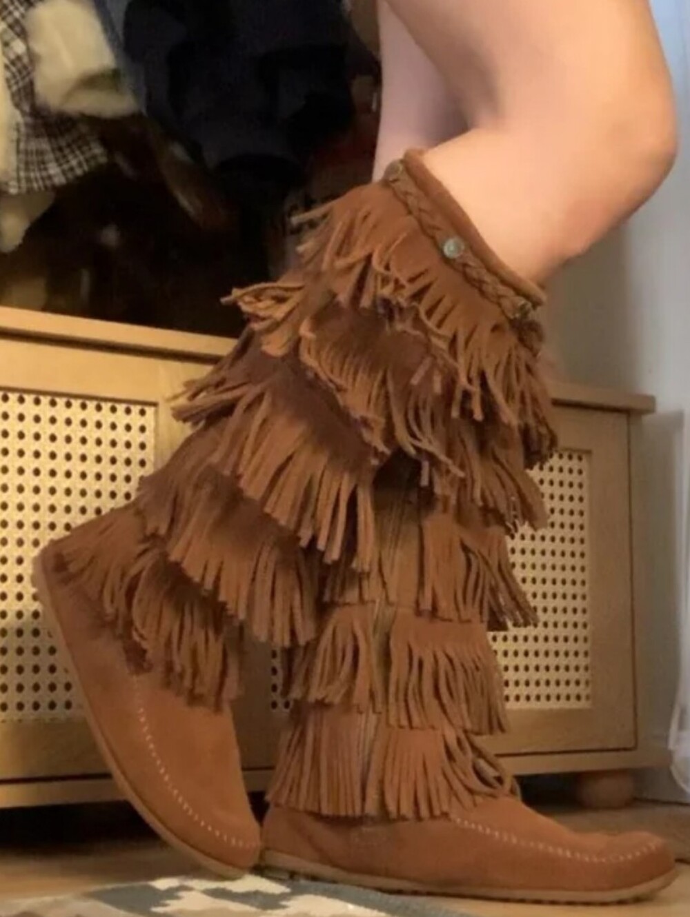 Minnetonka Fringe Suede Knee-High Boots - Brown 8